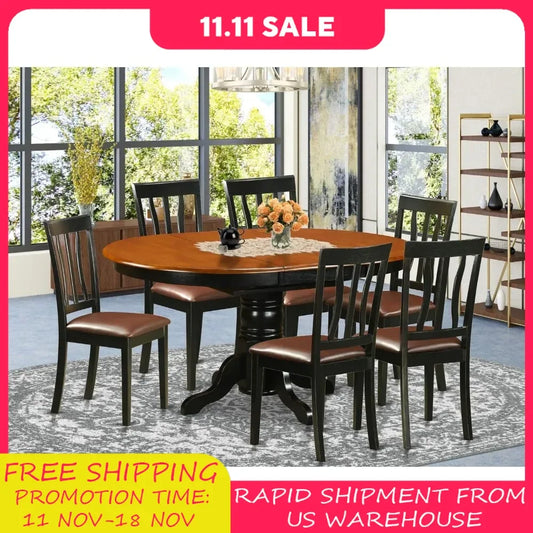 Table Set Consist of an Oval Kitchen Table with Butterfly Leaf and 6 Faux Leather Upholstered Dining Chairs