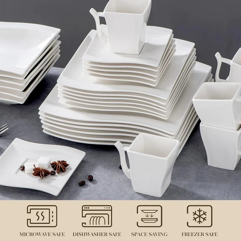 Porcelain Dinnerware Sets, Modern Square Dinner Set Plates and Bowls for Dessert, Salad and Pasta,