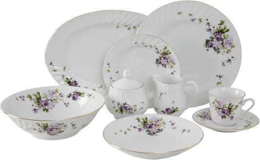Tableware Set 45-Piece Dinner Set With Gold Trim Vintage Floral Each Piece Is Shaped With A Fanciful Swirl Shape