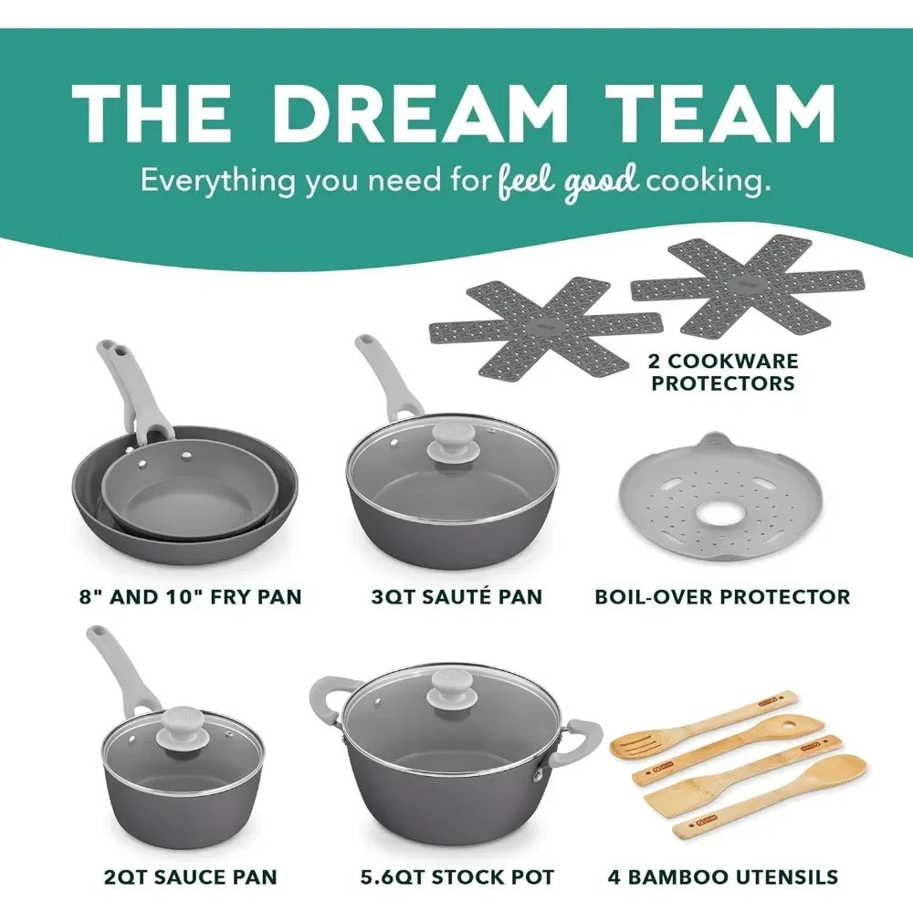 Dream Green Nonstick Ceramic Cookware Set, 15 Piece, Slate Grey - Recycled Aluminum and Ceramic, Nonstick Cookware Set,