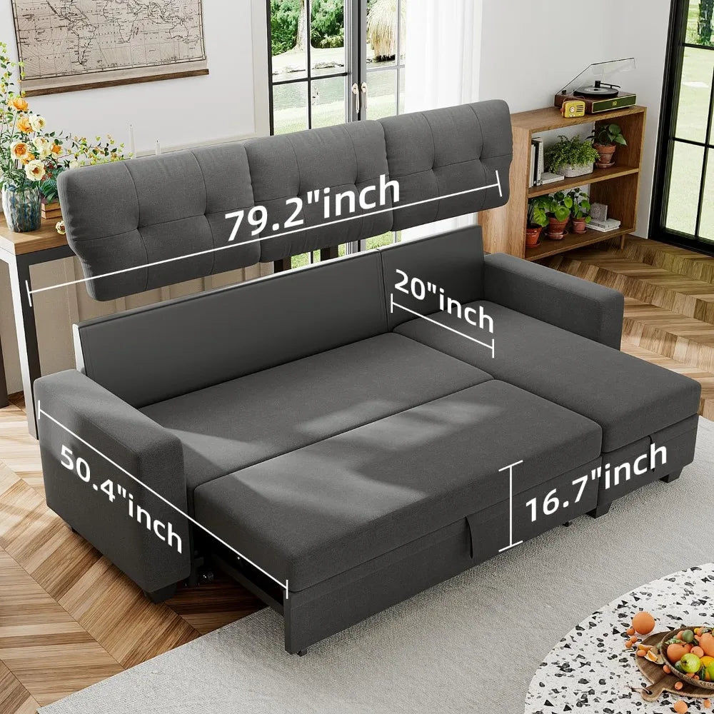 Sofa Bed Reversible Convertible Sleeper Pull Out Couches with Storage Chaise Living Room, Dark Gray