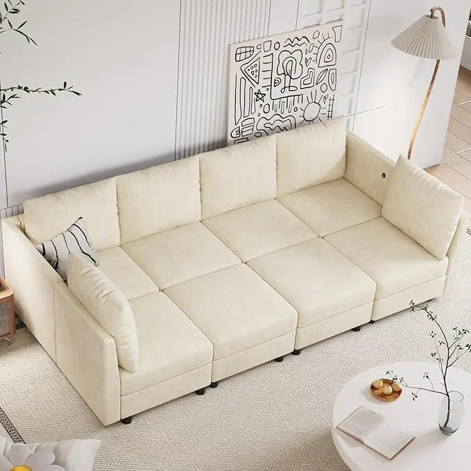 Sectional Sleeper Sofa, 8 Seats Modular Convertible Sofa Bed Couch with Storage Ottomans, with Charging Station