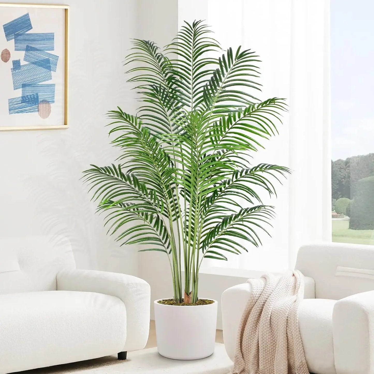 Artificial Palm Tree 4ft Tall Fake Indoor Decor with 13 Trunks and Real Bark Design Faux Tropical Areca Silk Floor Plant