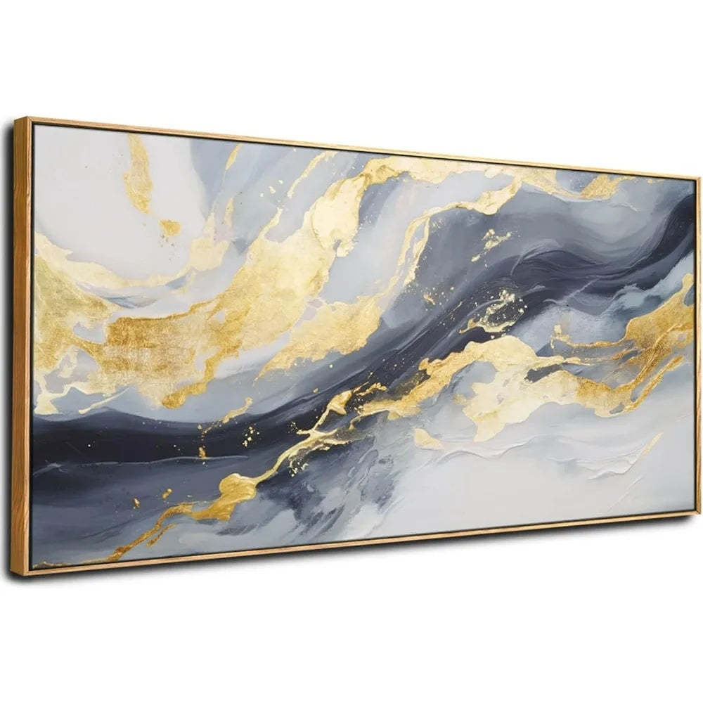 Large abstract canvas wall art gold decoration blue painting living room