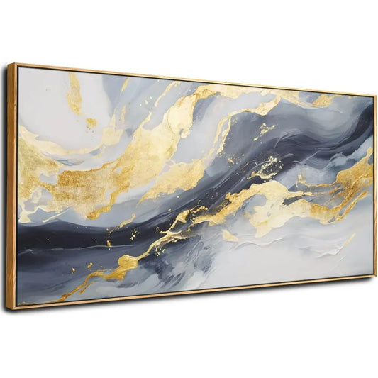 Large abstract canvas wall art gold decoration blue painting living room