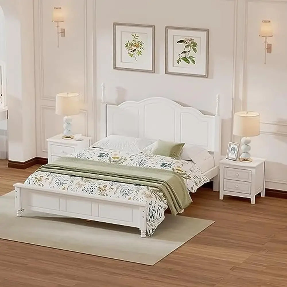 Retro Style Queen Size Platform Bed Set with Wooden Headboard & Nightstands Solid Pine Construction Bedroom Furniture Kit Cozy