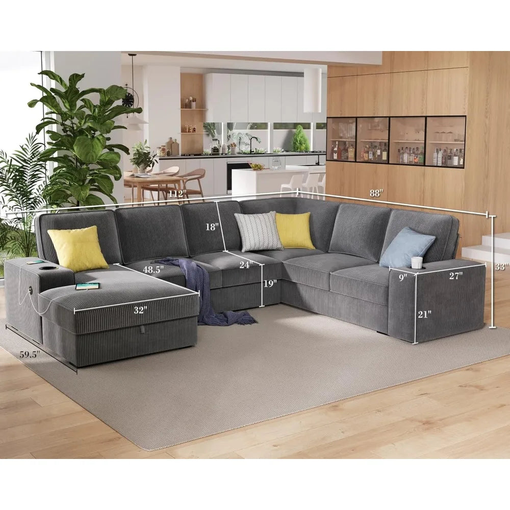 U Shaped Sofa with USB ports, Sectional Sofa Couch with Storage Chaise, Corduroy Grey