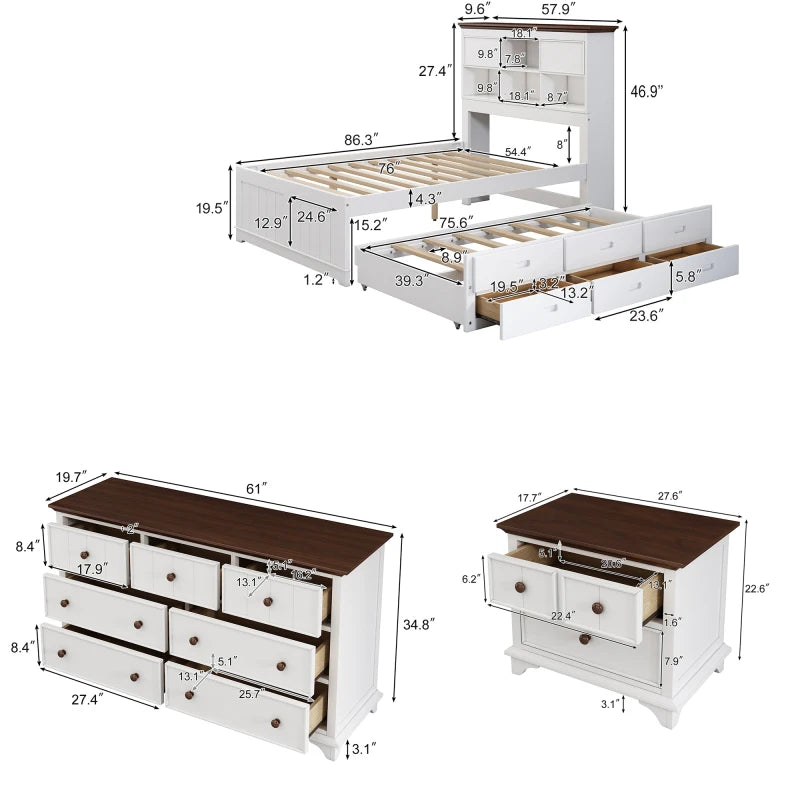 Captain Bedroom Set Full Bed with Trundle,Nightstand and Dresser,Adequate storage space and sturdy structure.