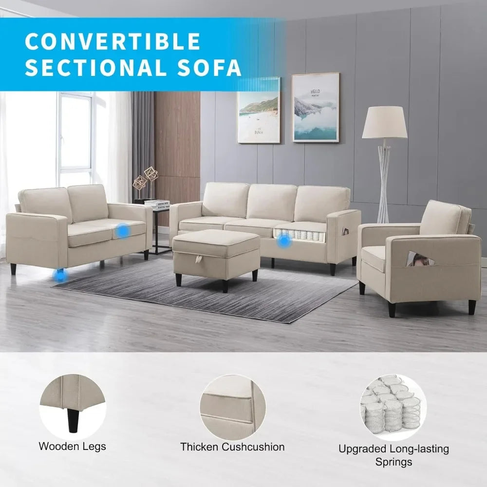 Sofa Set L Shaped Sofa Sets for Living Room,3Piece 3-Seater+Loveseat Sofa +Armchair Set Movable Ottoman for Room