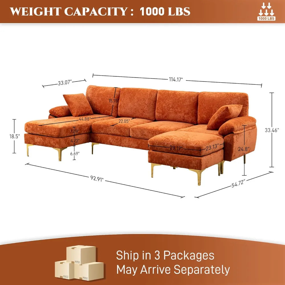 U-shaped segmented sofa, 4-seater living room sofa set, convertible L-shaped velvet sofa set