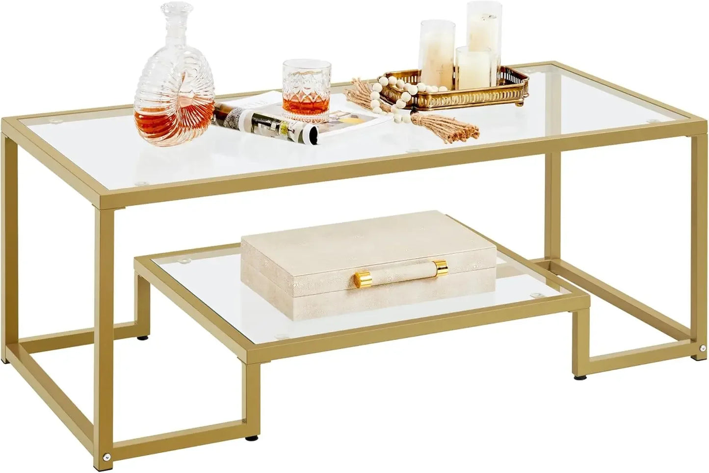 Coffee Table,42" Rectangular Glass Coffee Table for Living Room,2-Tier Center Tea Table W Metal Frame for Small Space, Apartment