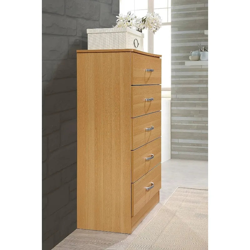 5 Drawer Wood Dresser for Bedroom, Chest of Drawers with Metal Rails for Support when Storing Clothing, White