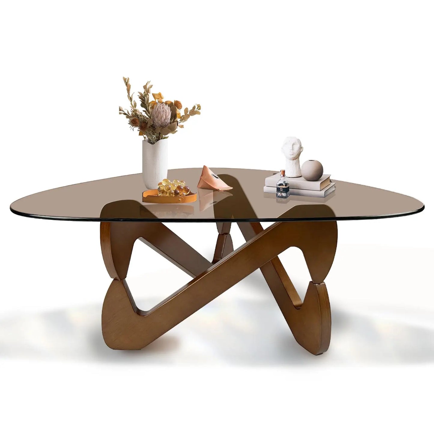 Triangle Coffee Table Glass Coffee Table for Living Room Mid Century Modern Coffee Table with Walnut Base Minimalist Living Room