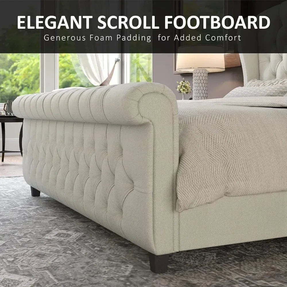 King Size Bed Frame, Chenille Upholstered Sleigh Beds with Scroll Wingback Headboard & Footboard/Button, King Size Bed Frame