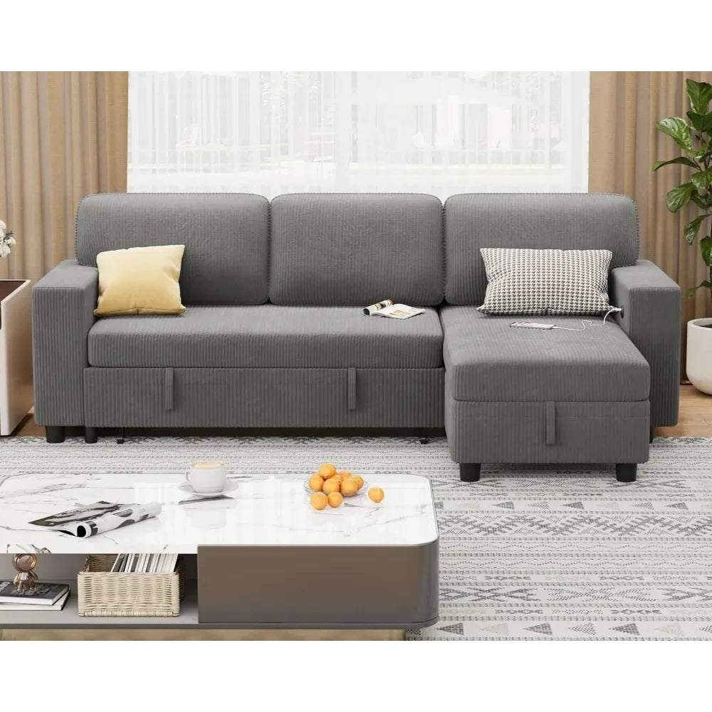 Sleeper Sofa, Sofa Bed with Built-in Large Storage and 2 Bookshelves, Convertible Sectional Sofa Couch
