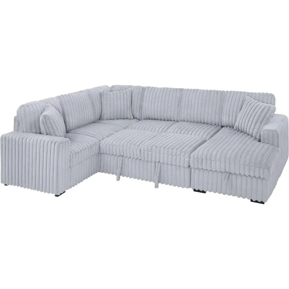 Sofa Couch Chunky Furry Corduroy Sofa with Storage Chaise and Charging Ports Pull Out Sofa Bed