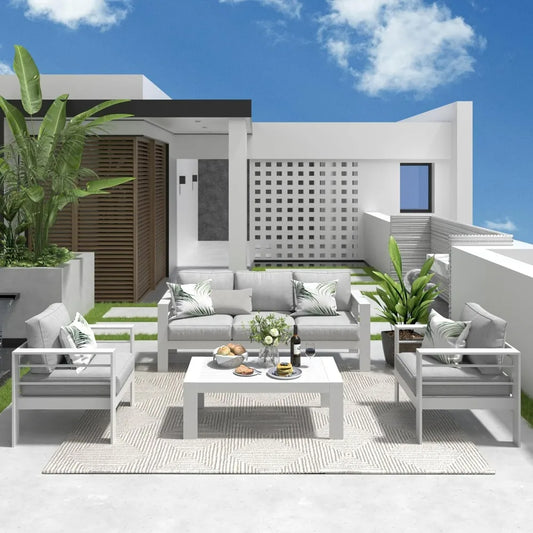 Seats Modern Outdoor Conversation Set Couch Sofa with Upgrade Cushion and Coffee Table, White