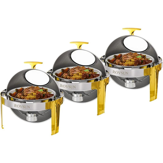 Chafing Dish Buffet Set Gold Accent,6 Quart Round Stainless Steel Chafer, Buffet Servers and Warmers