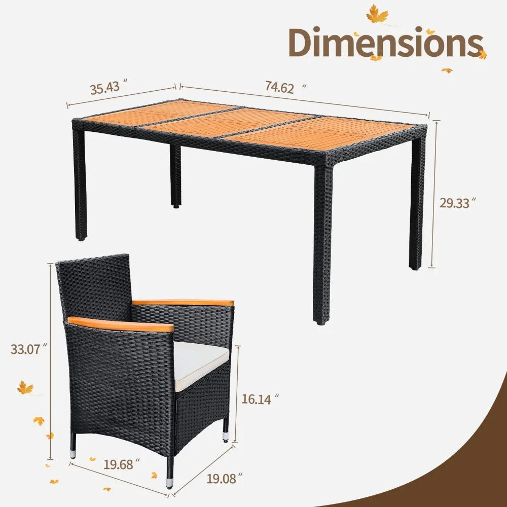 Dining Set Outdoor Acacia Wood Table and Chairs with Soft Cushions Wicker Patio Furniture for Deck Backyard Garden
