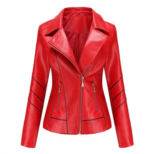 Red PU Faux Leather Jacket Women fashion Casual Biker Jackets Outwear Female Tops spring