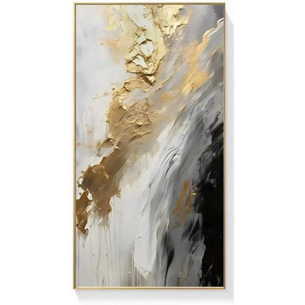 Gold Abstract Oil Painting on Canvas for Entrance-Hall Metal Wall Art Decor Framed White and Black Wall Art for Living Room Home