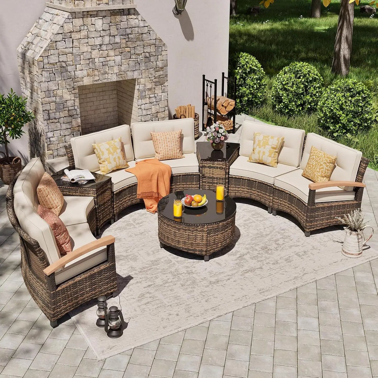 Outdoor Patio Furniture Set, Half-Moon Curved Sectional Sofa Rattan Conversation Set With Wood Armrests, Coffee