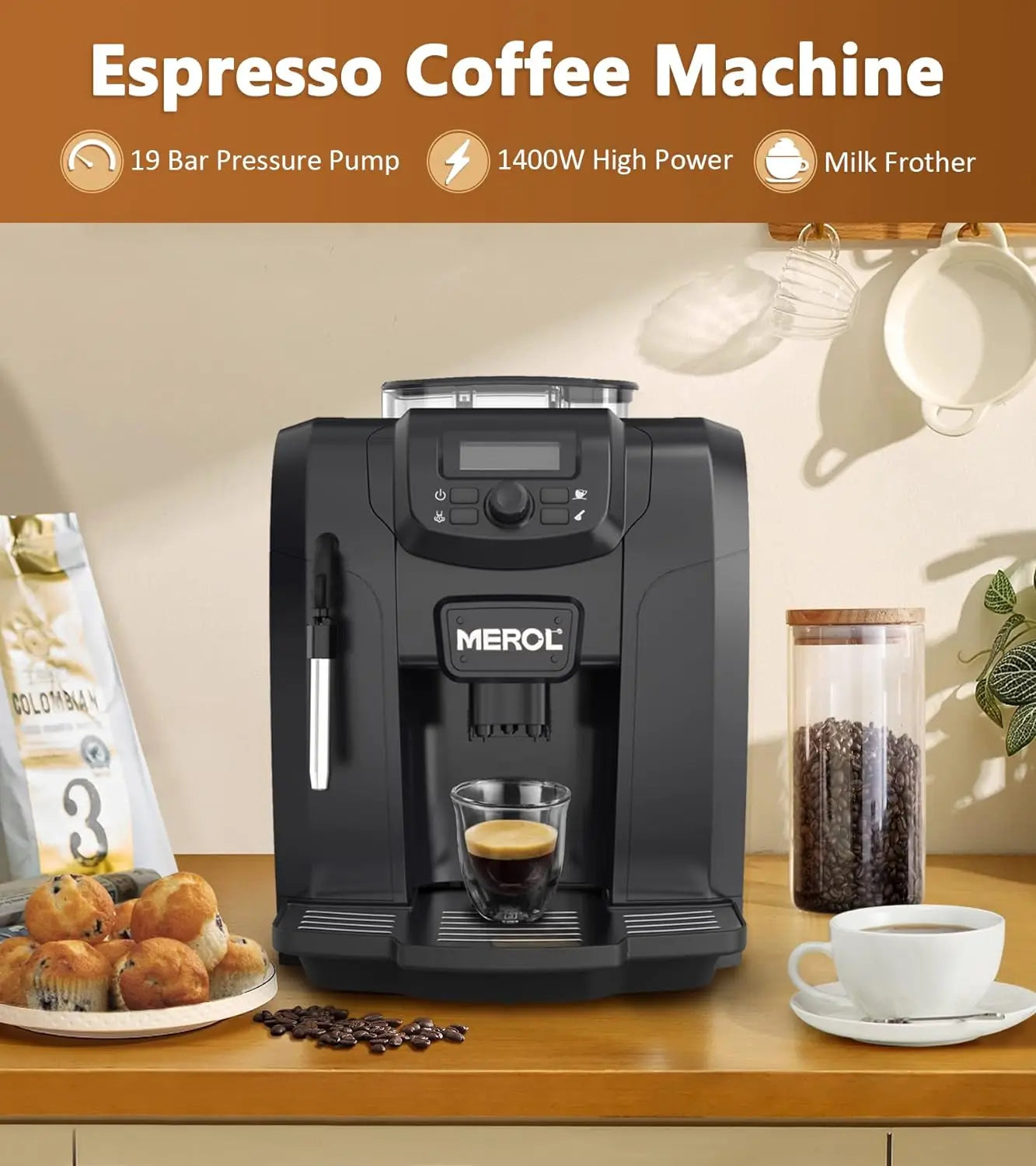 Automatic Espresso Coffee Machine, 19 Bar Barista Pump Coffee Maker with Grinde