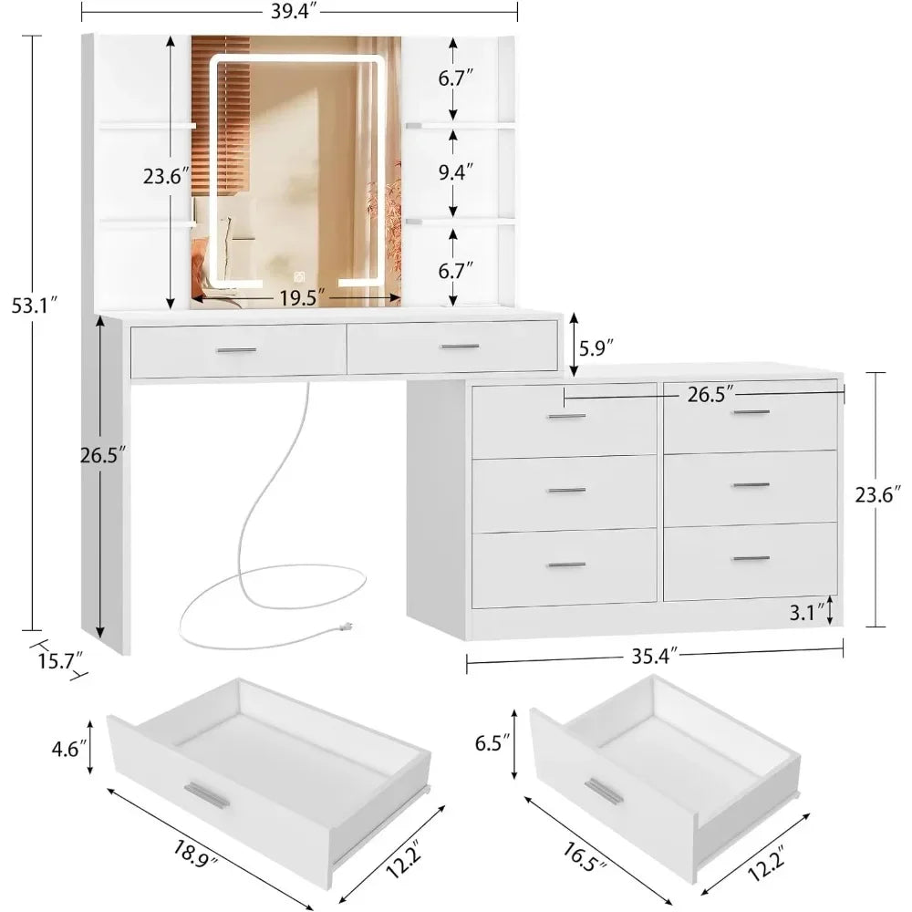 With LED Lighted Mirror & Power Outlet, Modern Corner Makeup Vanity Table, Dressing