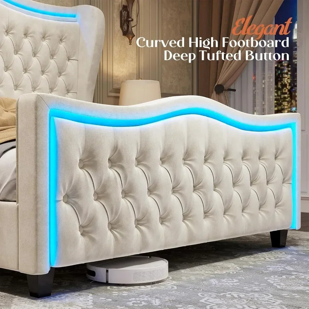 Upholstered Platform Wingback Bed with Handmade Deep Button Tufted Headboard Footboard