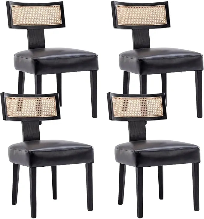 Mid Century Modern Rattan Dining Chairs Set of 4, Farmhouse Linen Upholstered Accent Chair Curved Backrest Kitchen Chairs, with