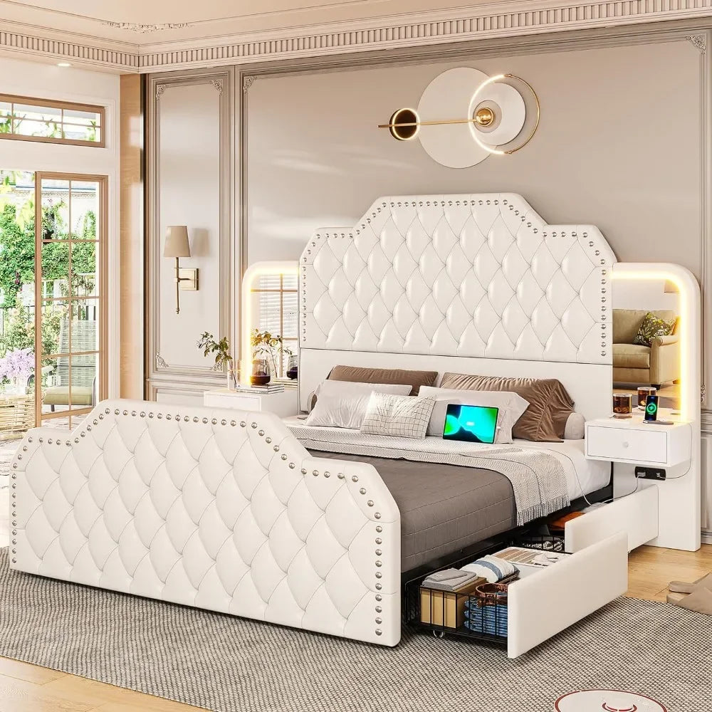 Tall Platform Bed Frame With 4 Storage Drawers Built in Charging Station & LED Bedroom