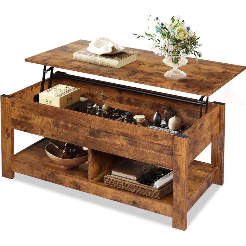 Modern Lift Top Coffee Table, Rustic Coffee Table with Storage Shelf