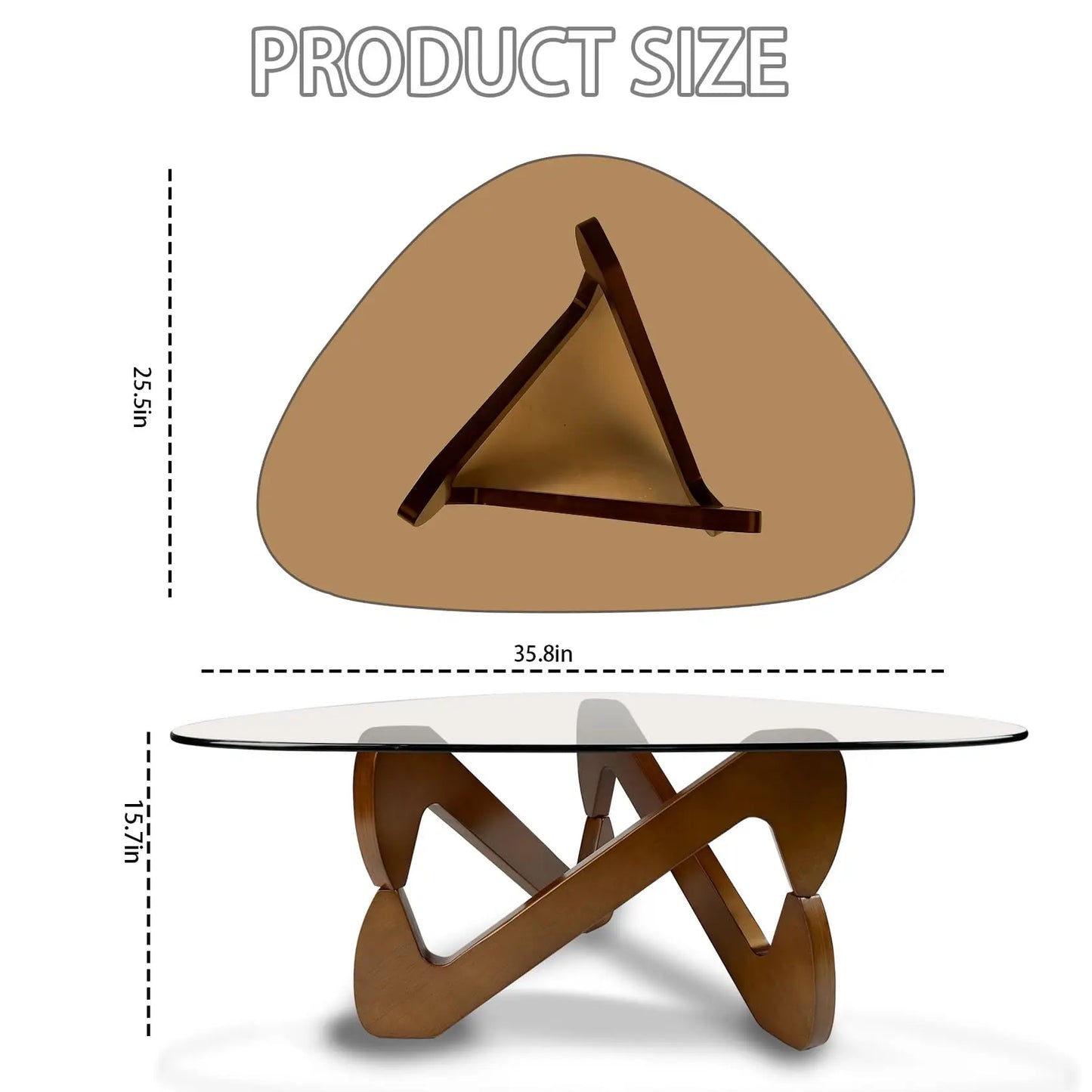 Triangle Coffee Table Glass Coffee Table for Living Room Mid Century Modern Coffee Table with Walnut Base Minimalist Living Room