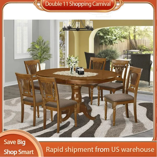 Dining Room Furniture Set 7 Piece Consist of an Oval Kitchen Table with Butterfly Leaf and 6 Linen Fabric Upholstered Chairs