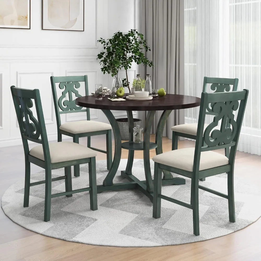 Round Dining Table and Chair Set, Round Table with Shelf