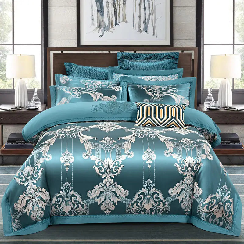 Luxury Soft Jacquard Bedding Set Floral White Blue Comfort A/B High-End Embroidery Duvet Pillowcase Bed Sheet Queen King Size