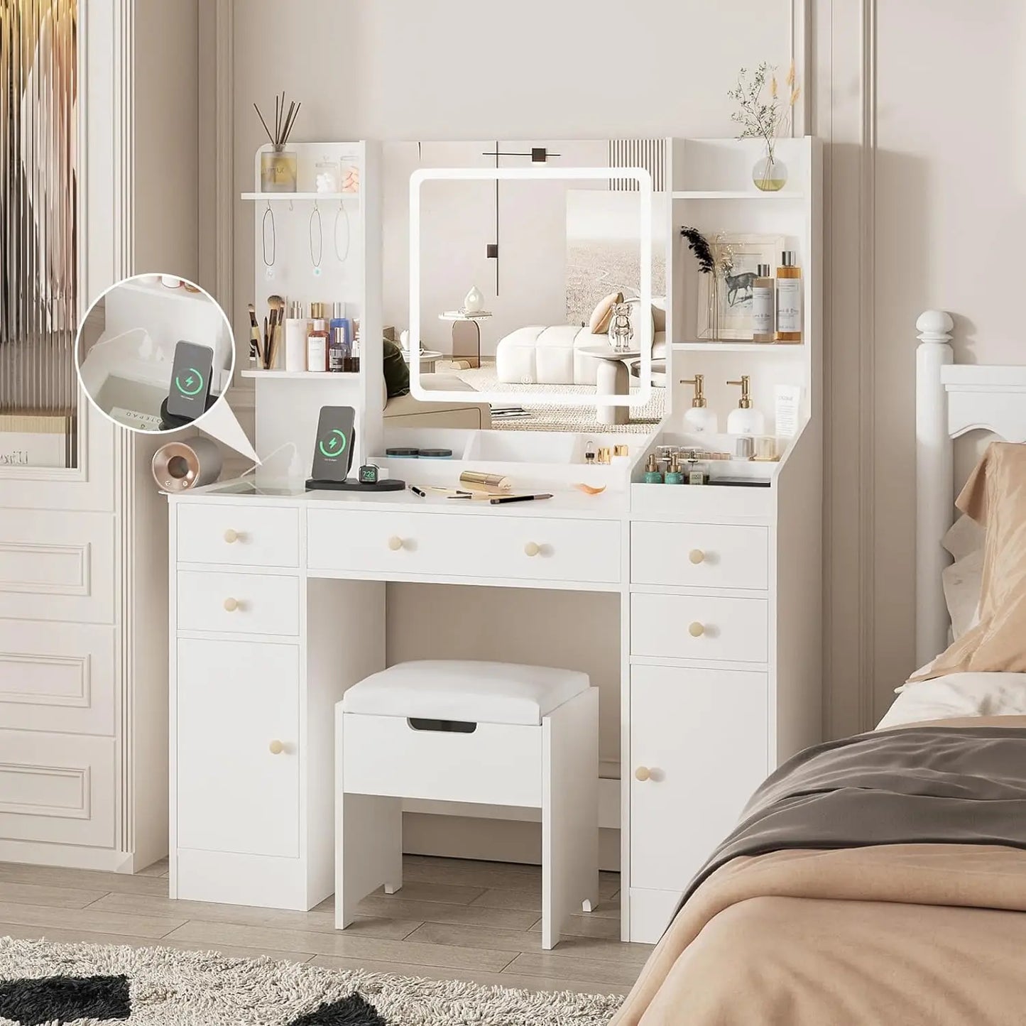 Desk with Mirror and Lights, Makeup Vanity Table with Charging Station,