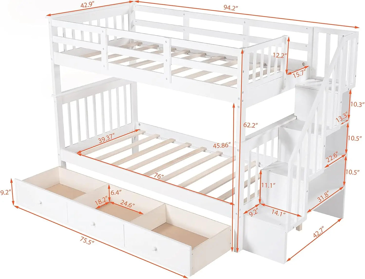 Designs Twin Over Twin Bunk Beds with Storage Drawers and Stairs Wood Bunk Bed Frame for Kids Boys Girls Teens,