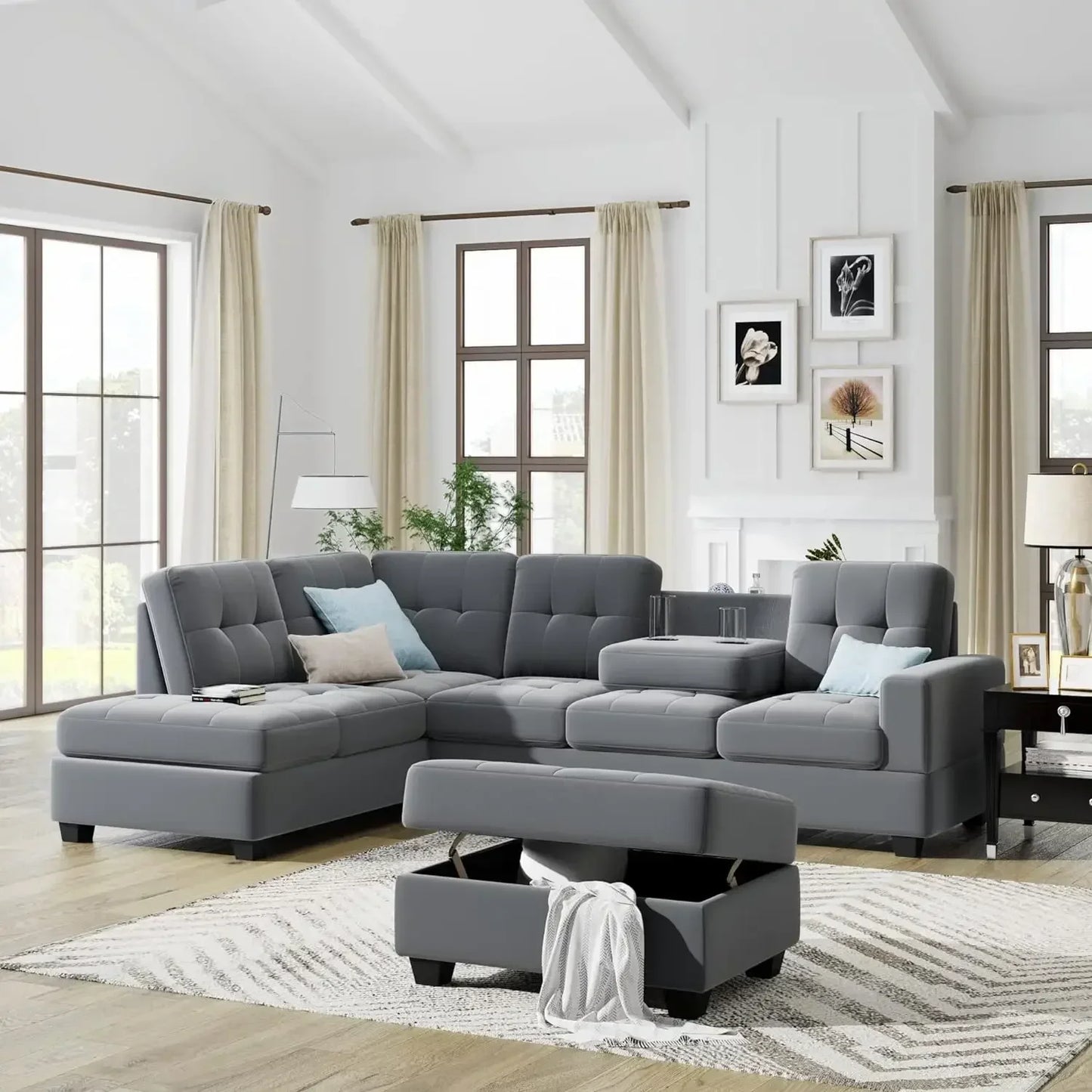 Faux Leather Sectional Sofa with Chaise Lounge, Storage Ottoman, L Shape Couches for Living Room Furniture Sets