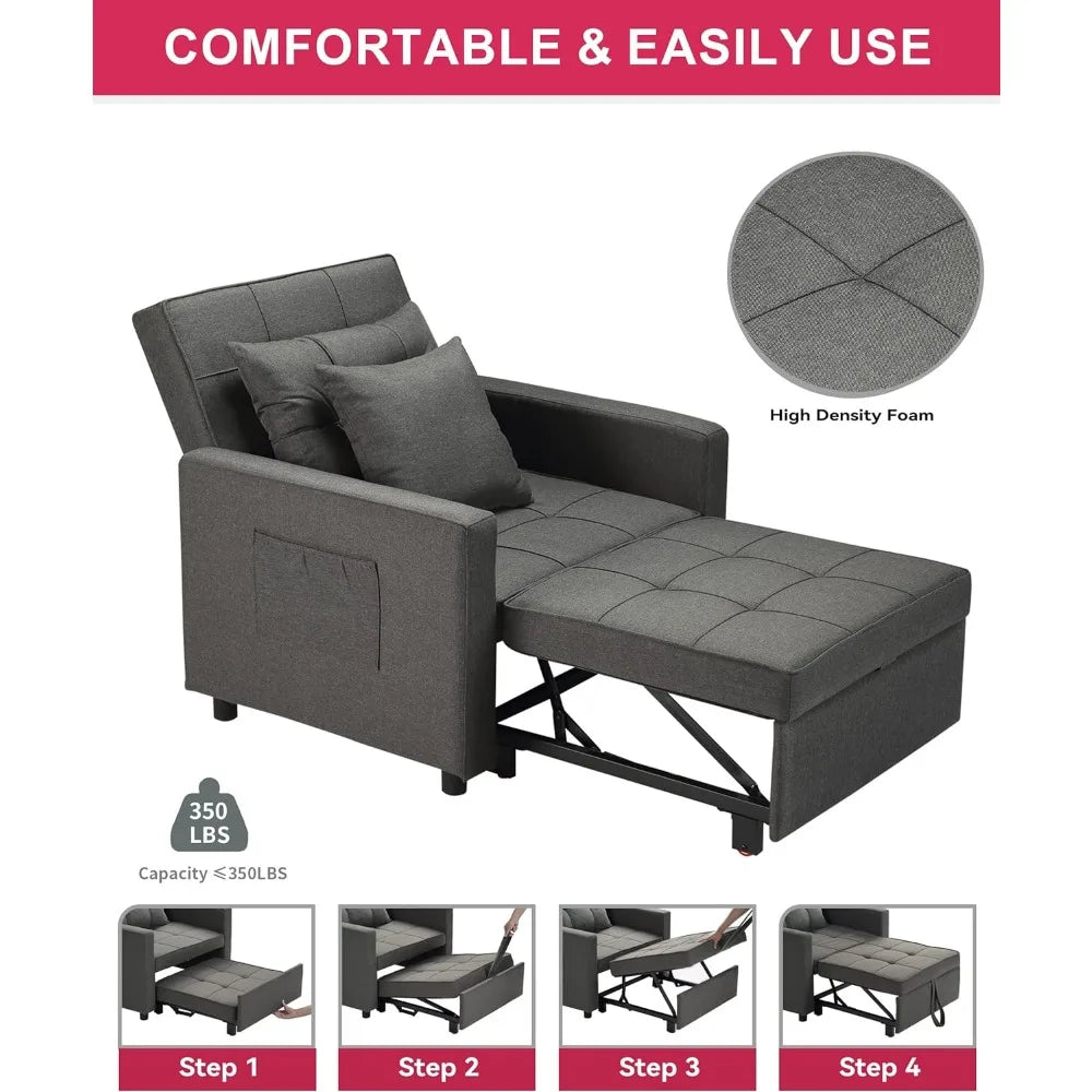 Convertible Chair Sleeper Bed, Futon Chair Turns Into Bed, Sofa Chair , Deep Gray