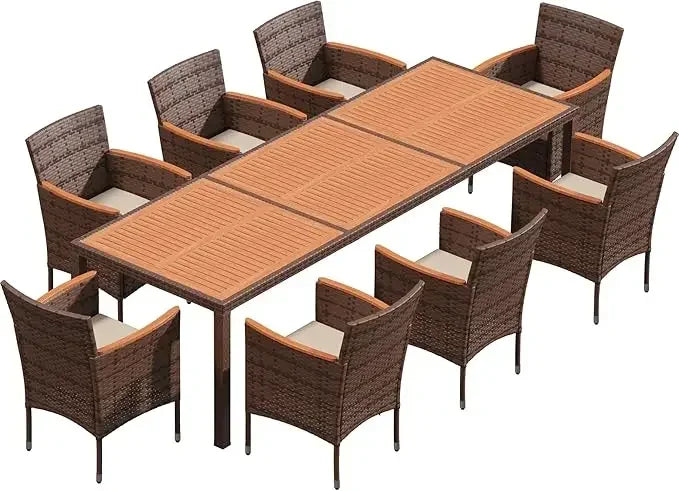 Patio Dining Set Outdoor Acacia Wood Table and Chairs with Soft Cushions Wicker Patio Furniture for Deck