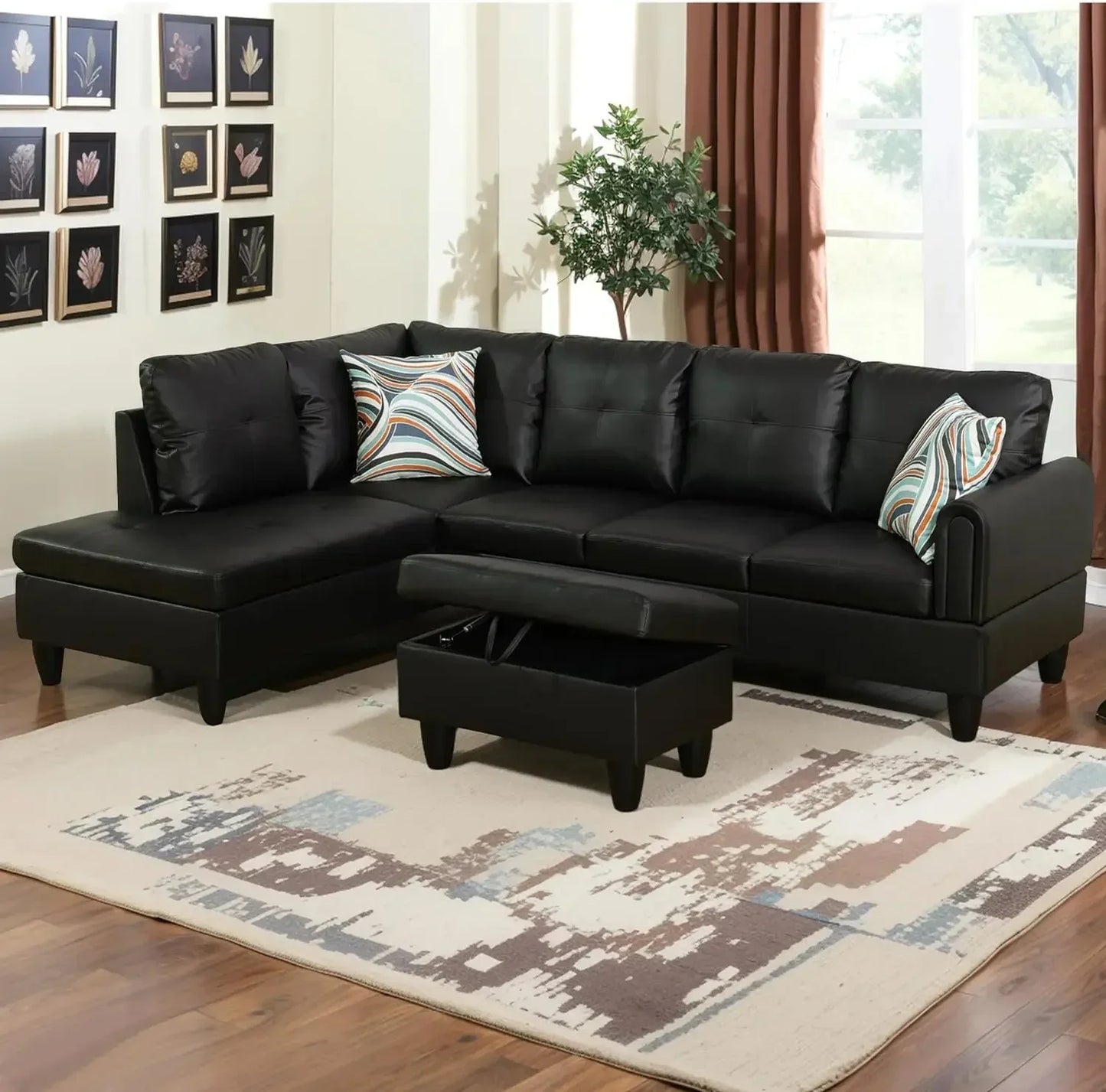 Faux Leather Sectional Sofa with Chaise Lounge, Storage Ottoman, L Shape Couches for Living Room Furniture Sets