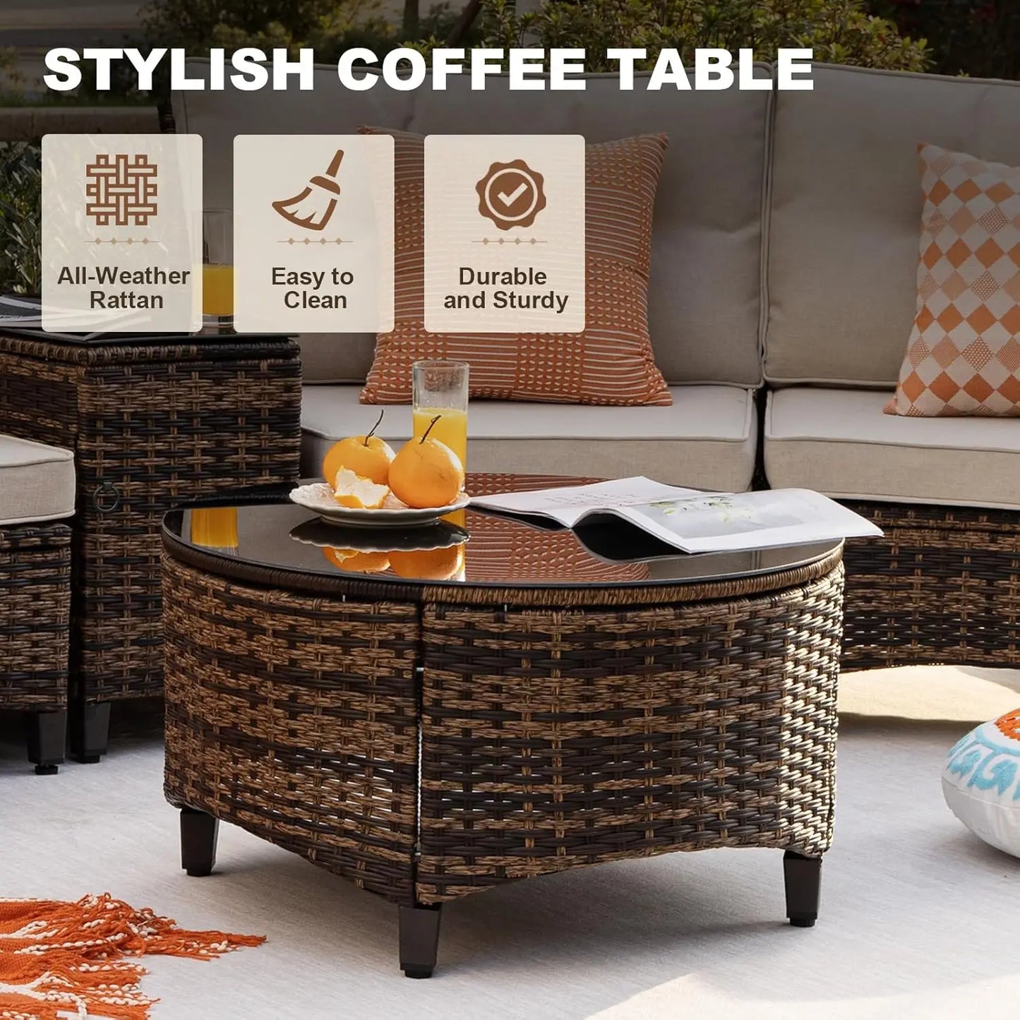 Outdoor Patio Furniture Set, Half-Moon Curved Sectional Sofa Rattan Conversation Set With Wood Armrests, Coffee