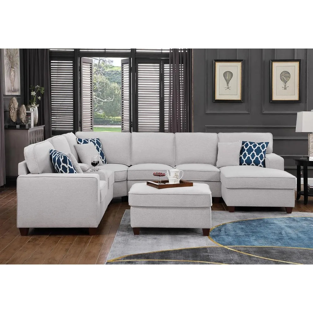 Sofa, Linen 8 Pieces Upholstered Sectional Sofa Removable, Cupholder Console