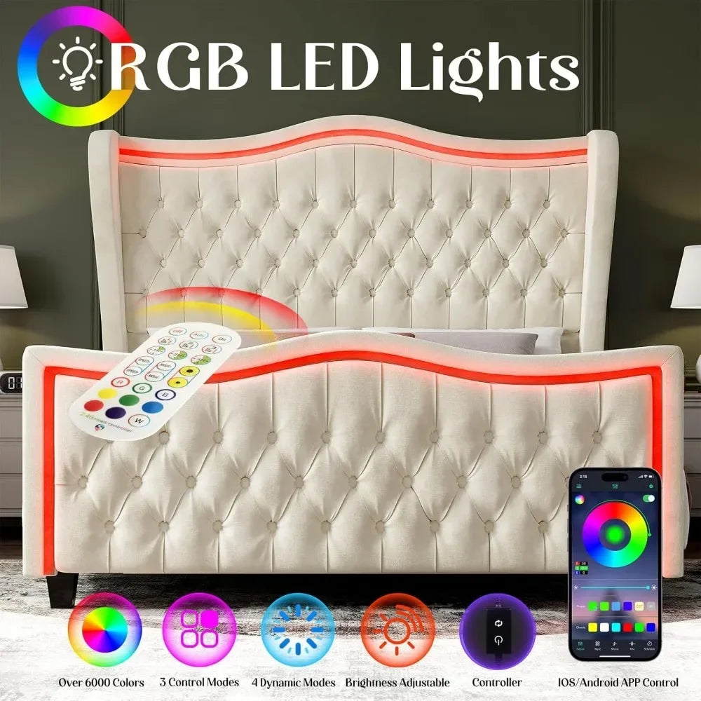 Upholstered Platform Wingback Bed with Handmade Deep Button Tufted Headboard Footboard