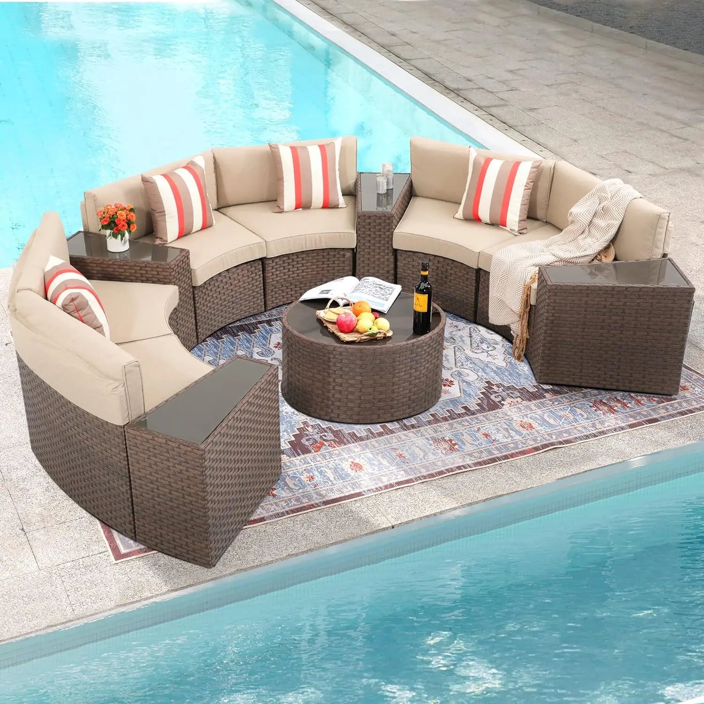 Furniture Sets with Tempered Glass Coffee Table and 4 Pillows, Half-Moon Sectional Round Set Curved Sofa Sets