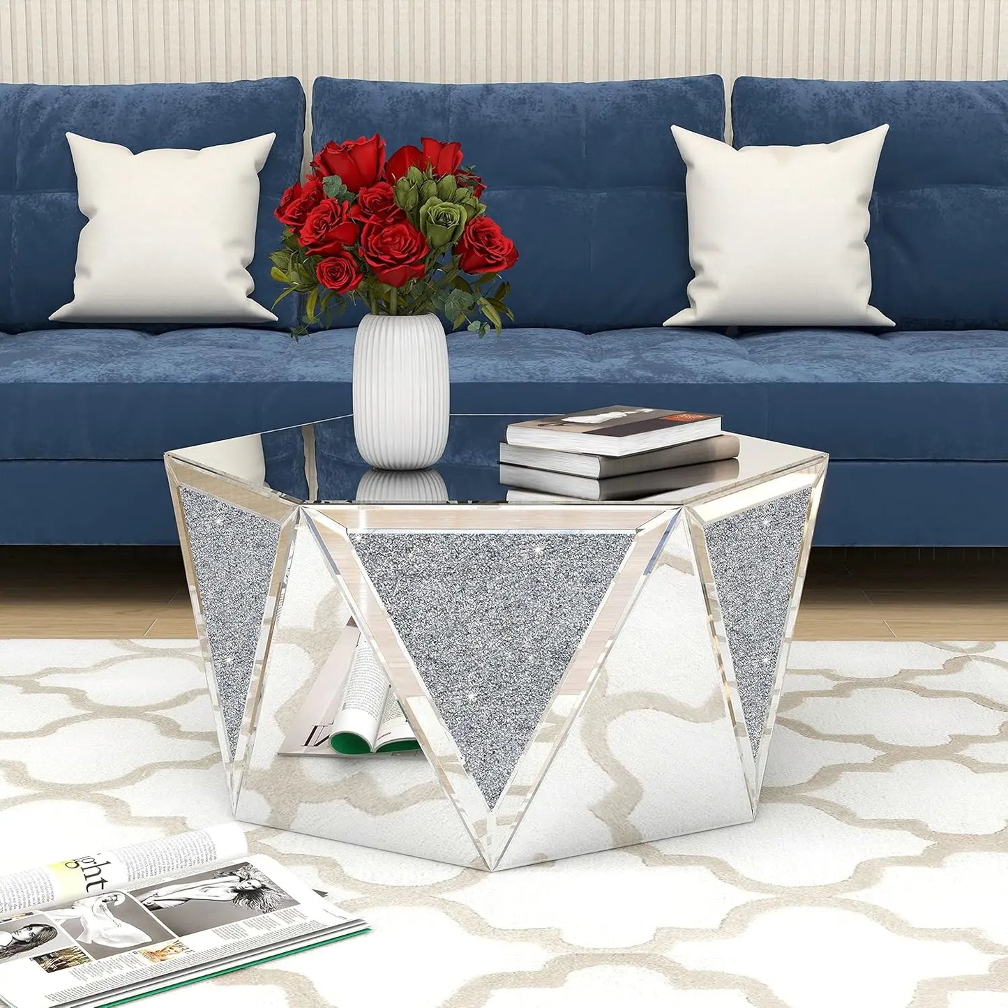 Coffee Table Mirrored with Crystal Inlay, Hexagon Silver Accent Table, Modern Design Luxury