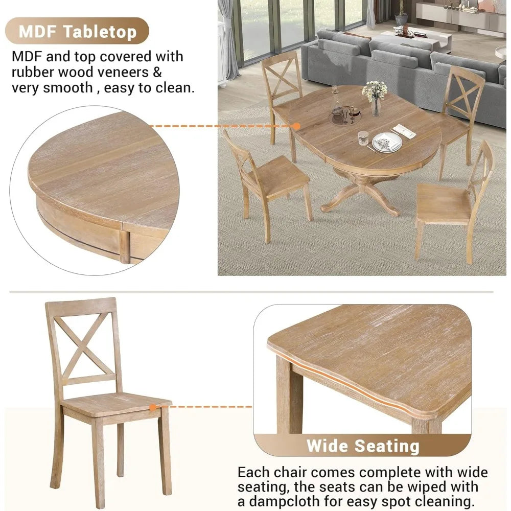5 unique rural dining table sets, expandable round dining table and 4 chairs with backrests, kitchen dining table set