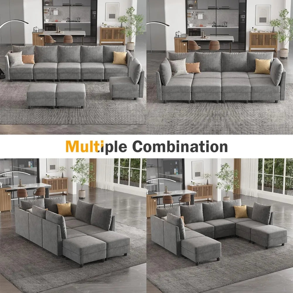 Sectional Sleeper Sofa, 8 Seats Modular Convertible Sofa Bed Couch with Storage Ottomans, with Charging Station