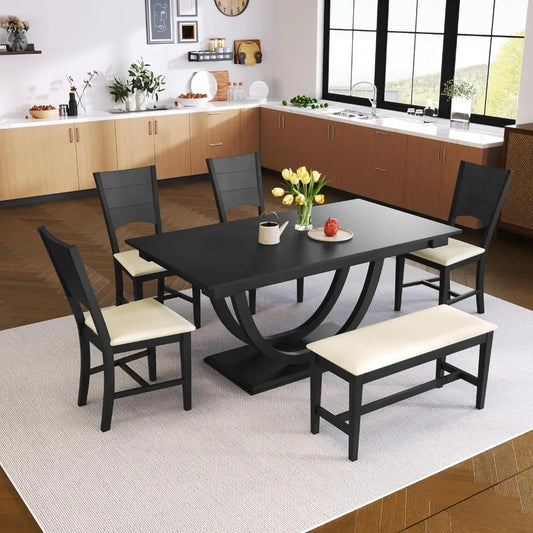 Dining Table Set, Half Round Table with Long Bench & 4 Upholstered Dining Chairs,